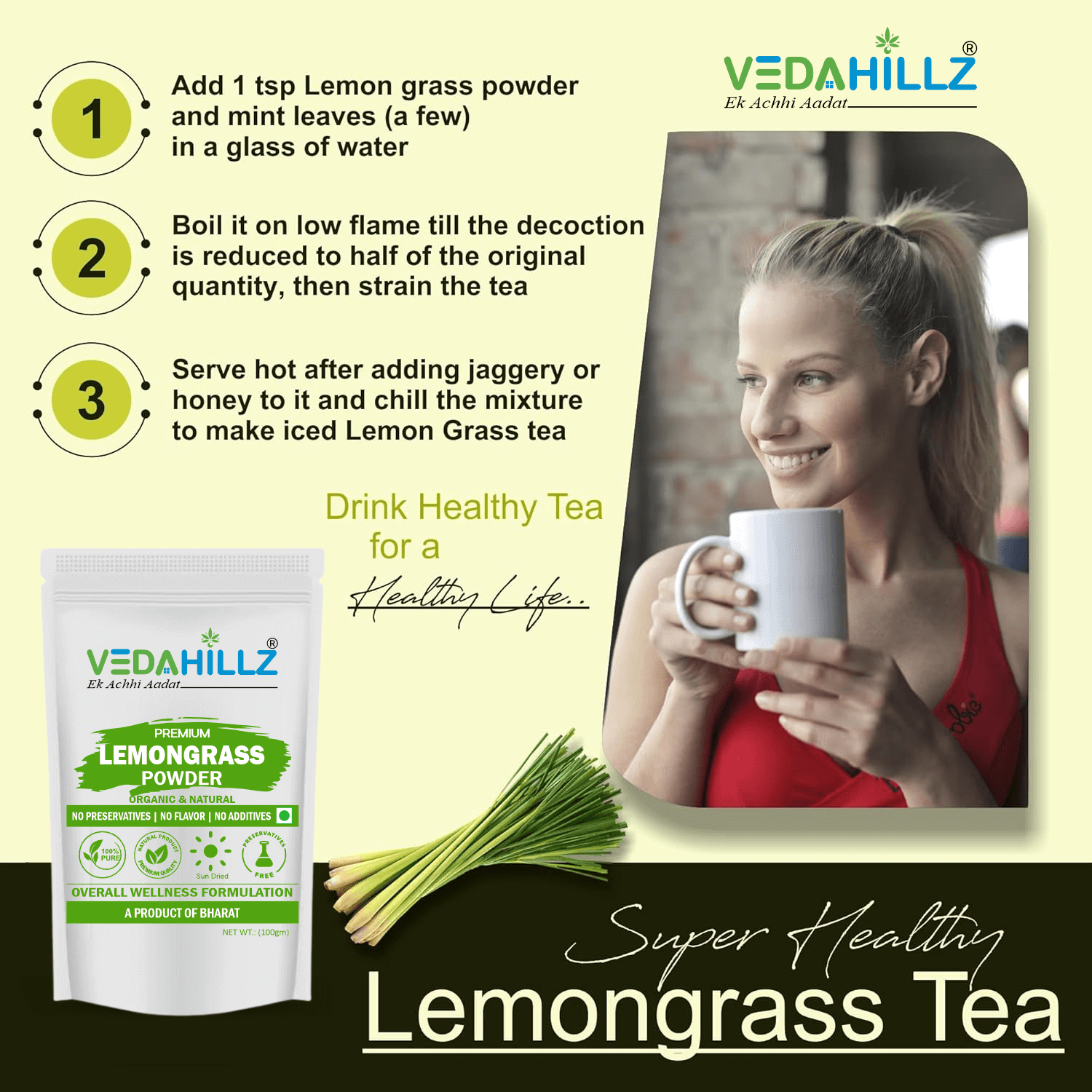 Vedahillz Lemongrass Powder for Tea and Wellness Made from Premium Lemongrass